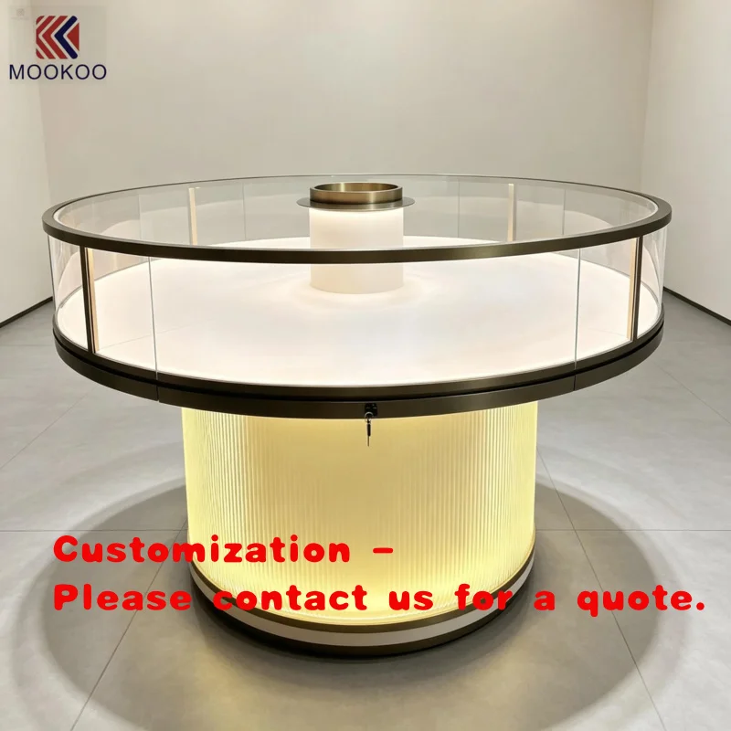 custom.Modern Round Ring-Shaped Jewel Merchandising Island, Reeded Illuminated Cylinder Pedestal With Secure Lock Storage Cabine