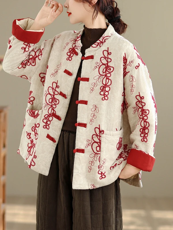 

Women's Winter Thiened Cotton Padded Jaet Loose Large Size Warm Print Cotton Clothes Chinese Sle Button Closure