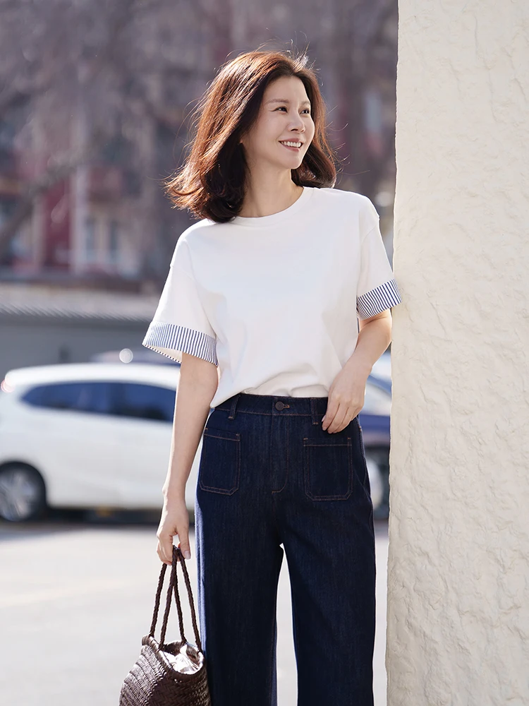 

Универсальная футболка VI 'Suong ZhiGuang' из шелкового хлопка 230 г с обработкой жидким аммиаком, устойчивая к сминанию, с цветовыми блоками, повседневный женский топ