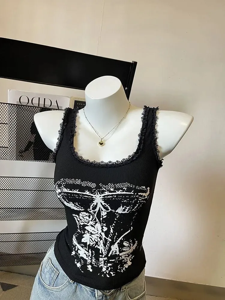 Dopamine Print Sling Y2k Goth Vests Minority American Sweet Cruel Slim Camis Short Streetwear Personalized Fashion Mujer