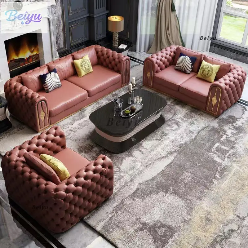 

Italian light luxury large-sized villa leather sofa modern simple living room hotel model room luxury pull-up sofa