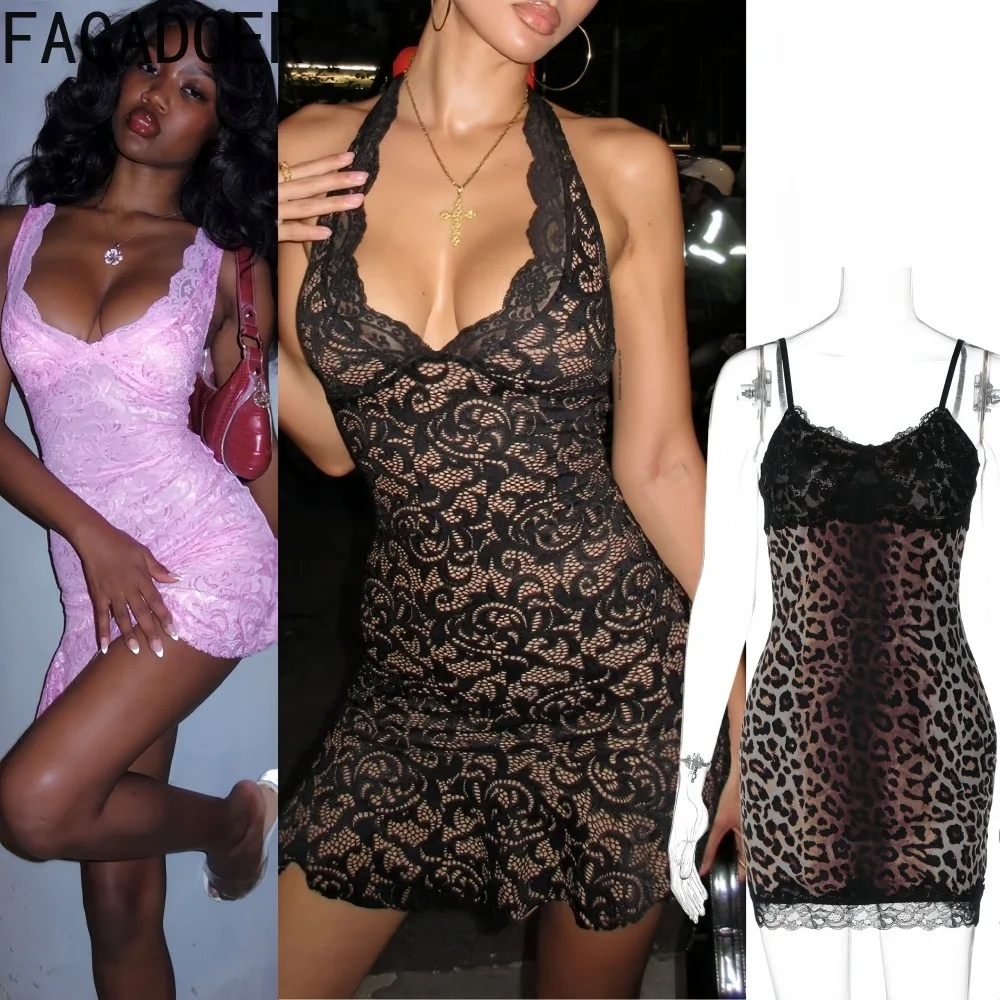 FAGADOER Sexy dentelle Patchwork moulante Mini robe pour les femmes licou sans manches dos nu robes femme Streetwear robes 2025 nouveau