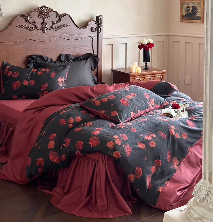 Retro sweet red flower rose bedding set,full queen king french romantic vintage home textile bed skirt pillow case duvet cover