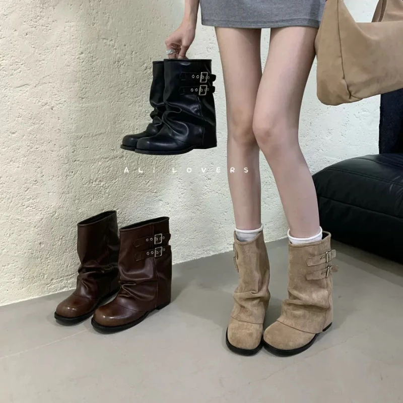 

2025 Western Style Genuine Leather Boot for Women with Folded Design round Head Retro Knight Boots High Heel over Knee Boots