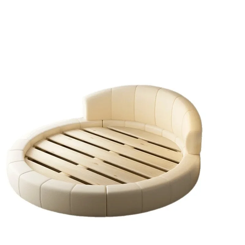 Leather round bed simple modern design high-grade solid wood row skeleton