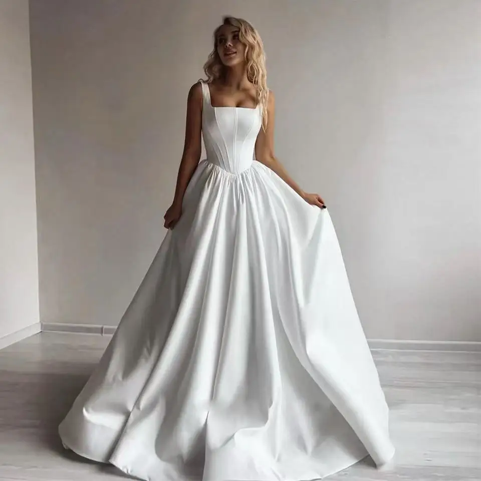 

Customized Simple Satin Women Wedding Dresses Sexy Backless A-Line Formal Party Sleeveless Floor Mopping Vestidos De Novias