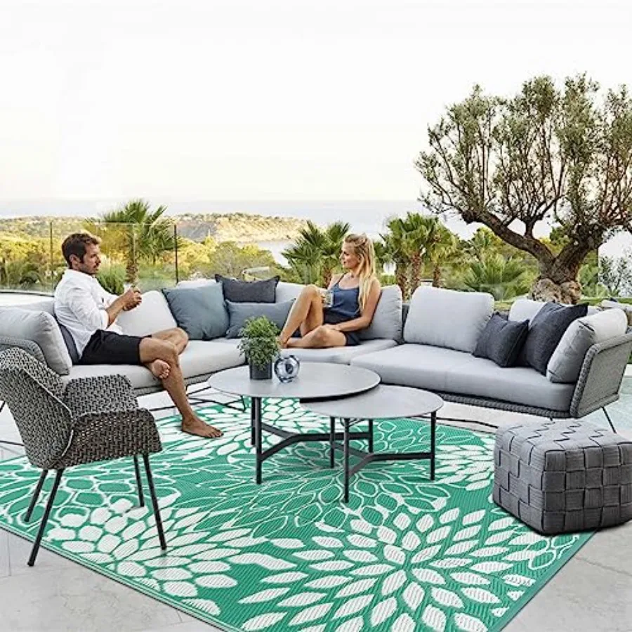 

Outdoor Rugs 8x10ft for Patios: Waterproof, Reversible Tropical Plastic Straw Mat Beige/Green, UV-Resistant Quick-Drying for RV