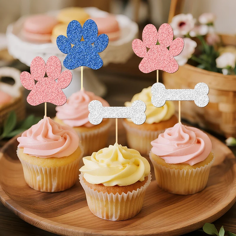 YOMDID 24 Stück Cupcake-Topper für Hunde, glitzernde Welpen, Pfote und Knochen, Cupcake-Topper, Cupcake-Picks für Hunde, Geburtstagskuchen-Dekoration – Detail 8