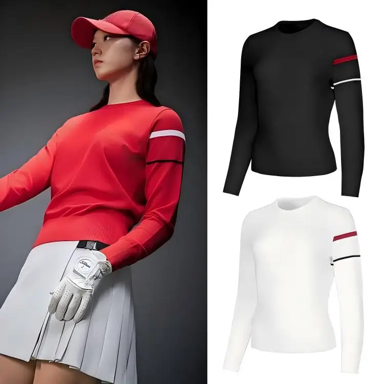 Women Golf Long Sleeve Knit Sweater Crew Neck Fall Warm Sports Top Striped Sleeve Outdoor Ladies Golf Pullover