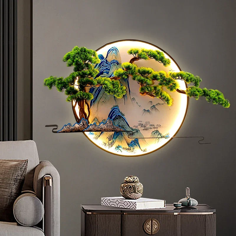 Living Room Sofa Teahouse Background Wall Decoration Painting New Chinese Entrance Round Welcome Pine Hanging Picture  Lamp