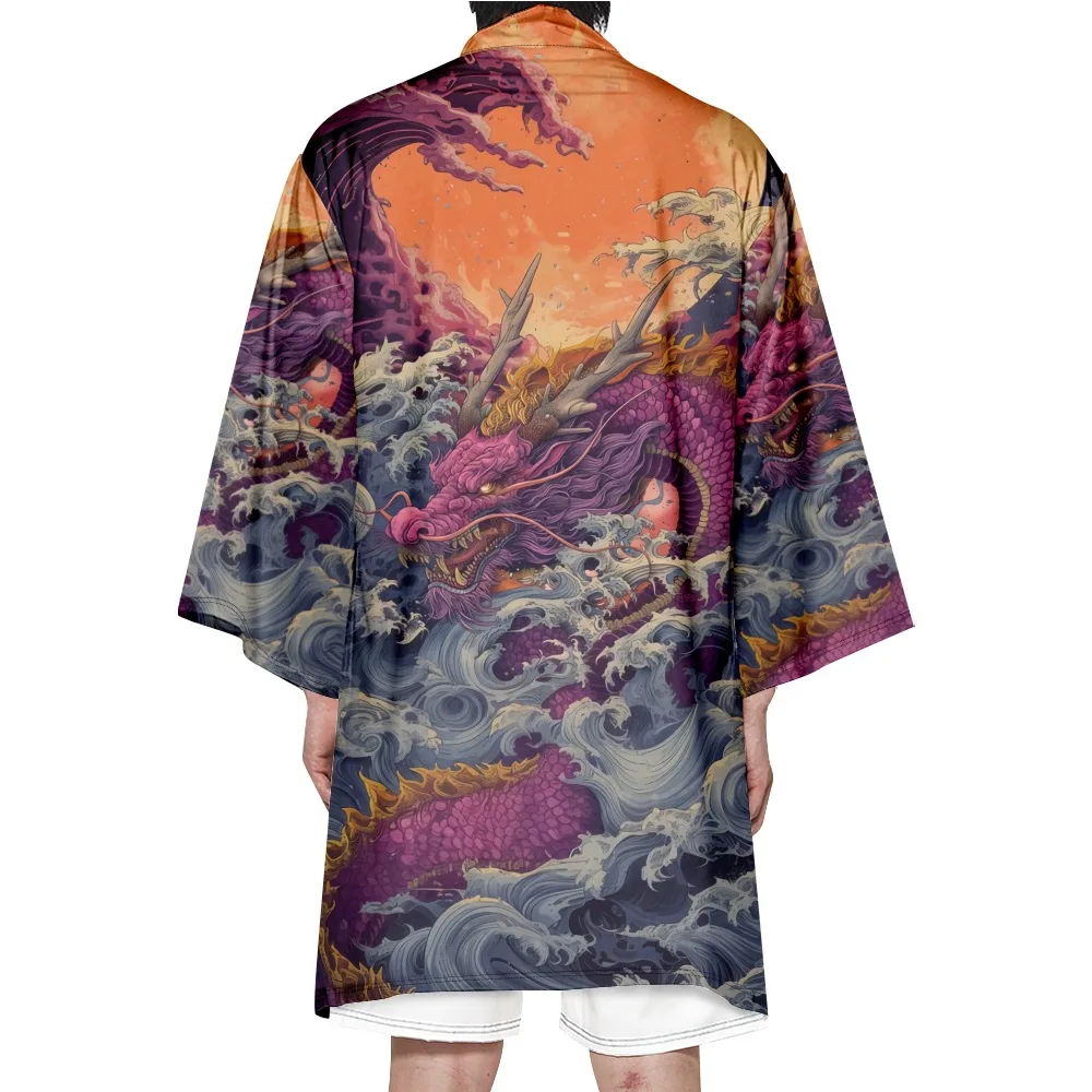 หลวมญี่ปุ่นยาวเสื้อสเวตเตอร์ถักผู้หญิงผู้ชายคอสเพลย์ Yukata เสื้อผ้า Harajuku Wave Dragon พิมพ์กิโมโน