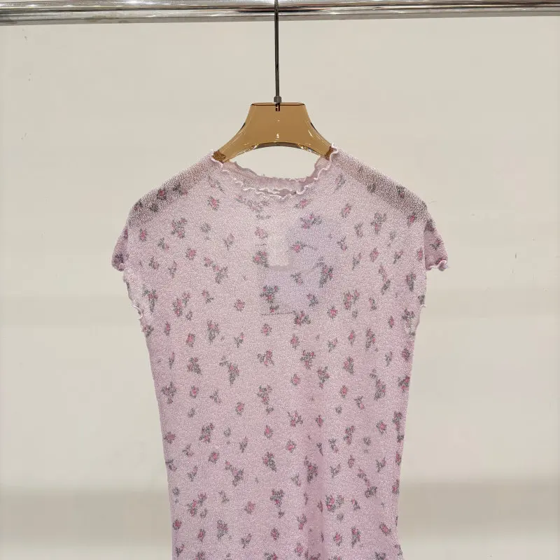 

2025 Summer Striped Binding Round Neck Printed Knit Slim Short Sleeve Top