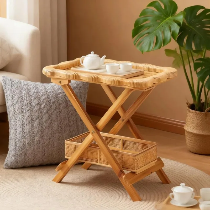 Foldable Rattan Coffee Table Portable Movable Side End Table for Living Room Storage Cabinet Space‑Saving Household Furniture