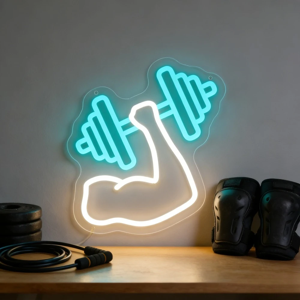

Gym Arm Dumbbell Neon Sign Blue White Light for Home Gym Bedroom Office Decor Fitness Motivation Symbol Workout Wall Art Gift
