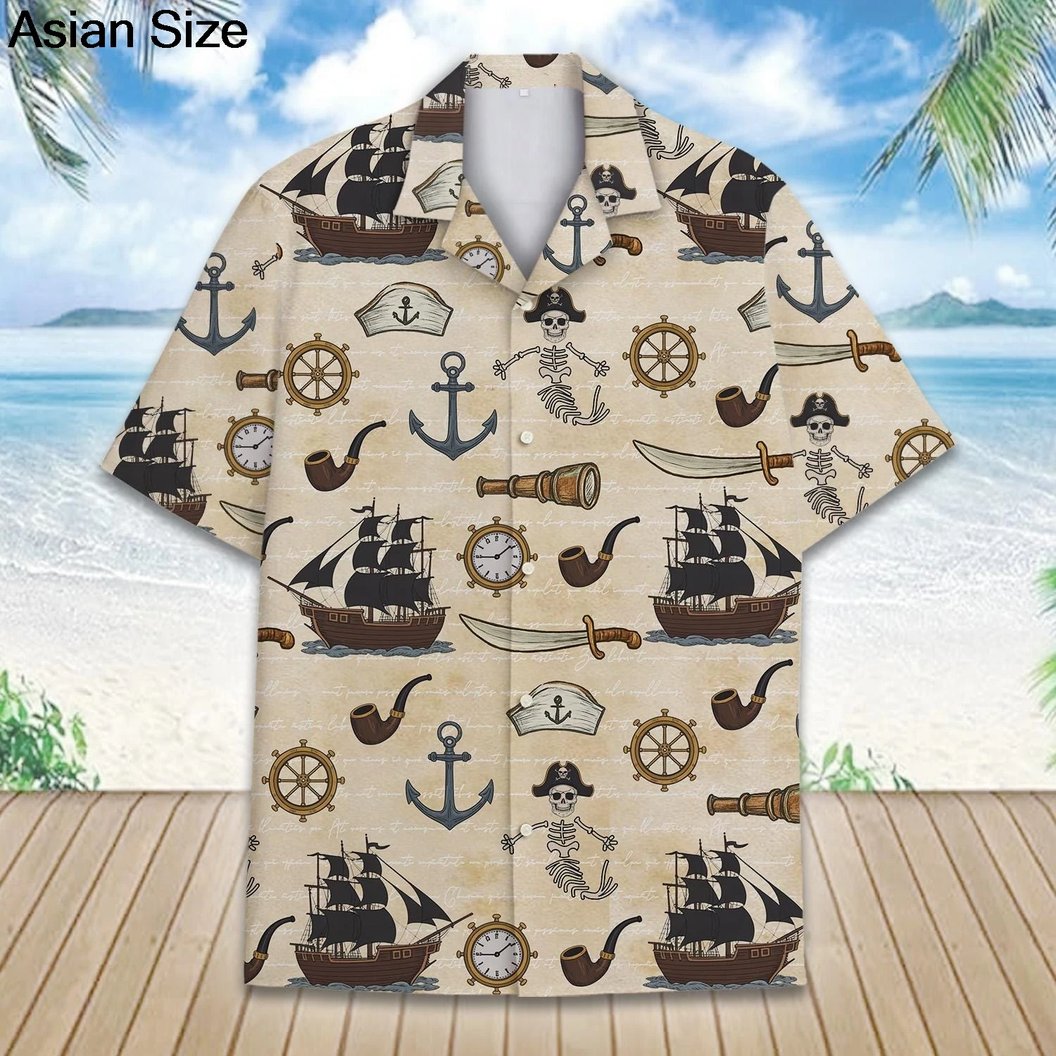 Men's Hawaii Skeleton Pirate Captain Storm Sailing Cartoon Print Shirts Short Sleeve Shirt Summer Beach Shirts For Boy Clothing