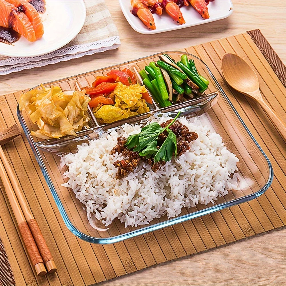 1Pc Square Glass Divided Serving Plate, Heat‑Resistant Clear Tray with Sauce Compartment for Dumpling&Breakfast, Dishwasher‑Safe