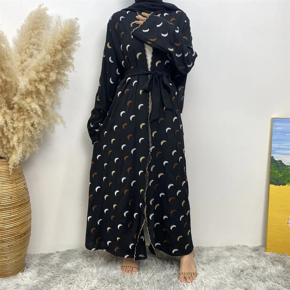 Dubai Abaya Kaftan Modest Solid Moon Embroidery Long Sleeves Open Kimono Muslim Women Islamic Clothing Hijab Outwear Ramadan