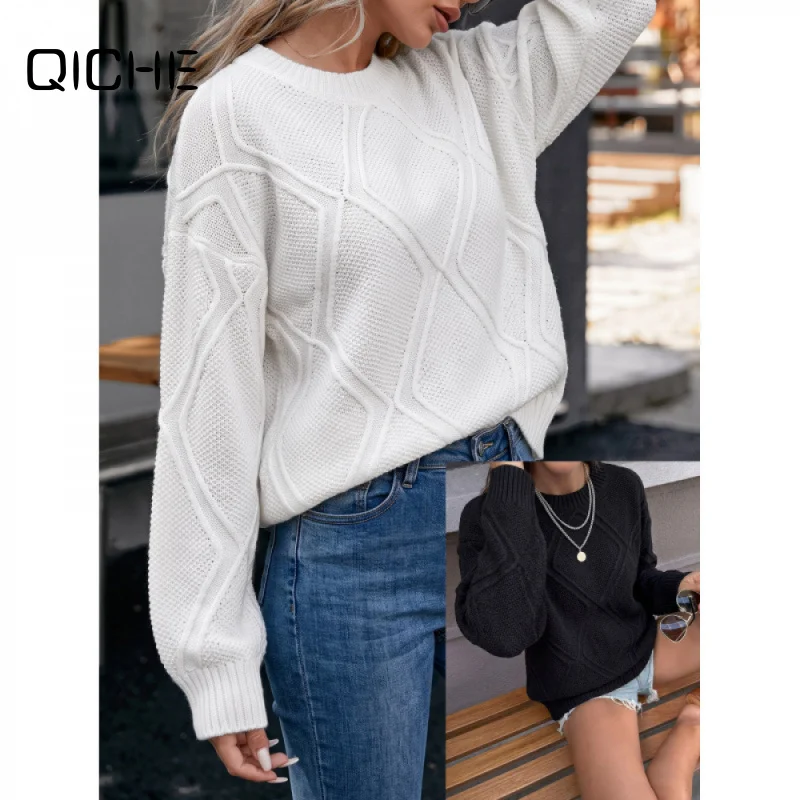 QICHE 2026 Autumn Winter Women Textured Argyle Knit Pullover Loose 3D Diamond Pattern Sweater Top
