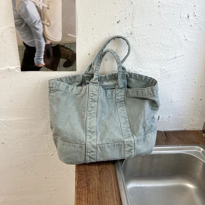 Vintage Washed Canvas Tote Bag Large Capacity Casual Handbag Distressed Soft Shopping Shoulder Bag Daily Commute Top Handle Bags