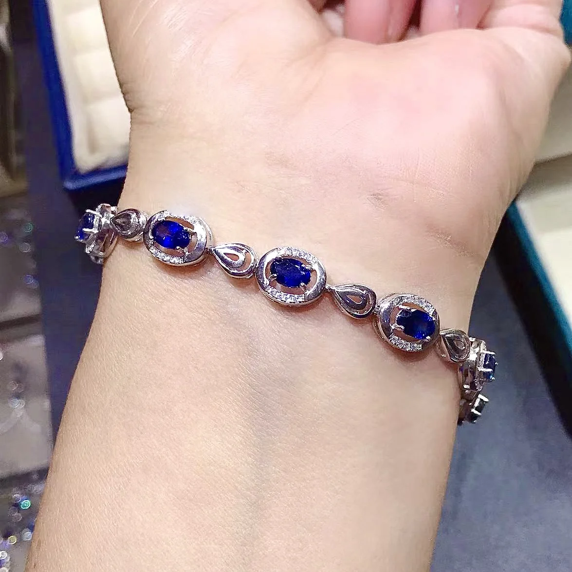 Natural Sapphire Bracelet Total 4ct 4mm*6mm Blue Sapphire Silver Bracelet 925 Silver Sapphire Jewelrywith 3 Layers Gold Plating