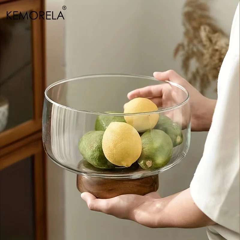 European Fruit Tray Transparent Glass Wooden Base Salad Bowl Candy Dessert Storage Tray Coffee Table Desktop Home Decoration