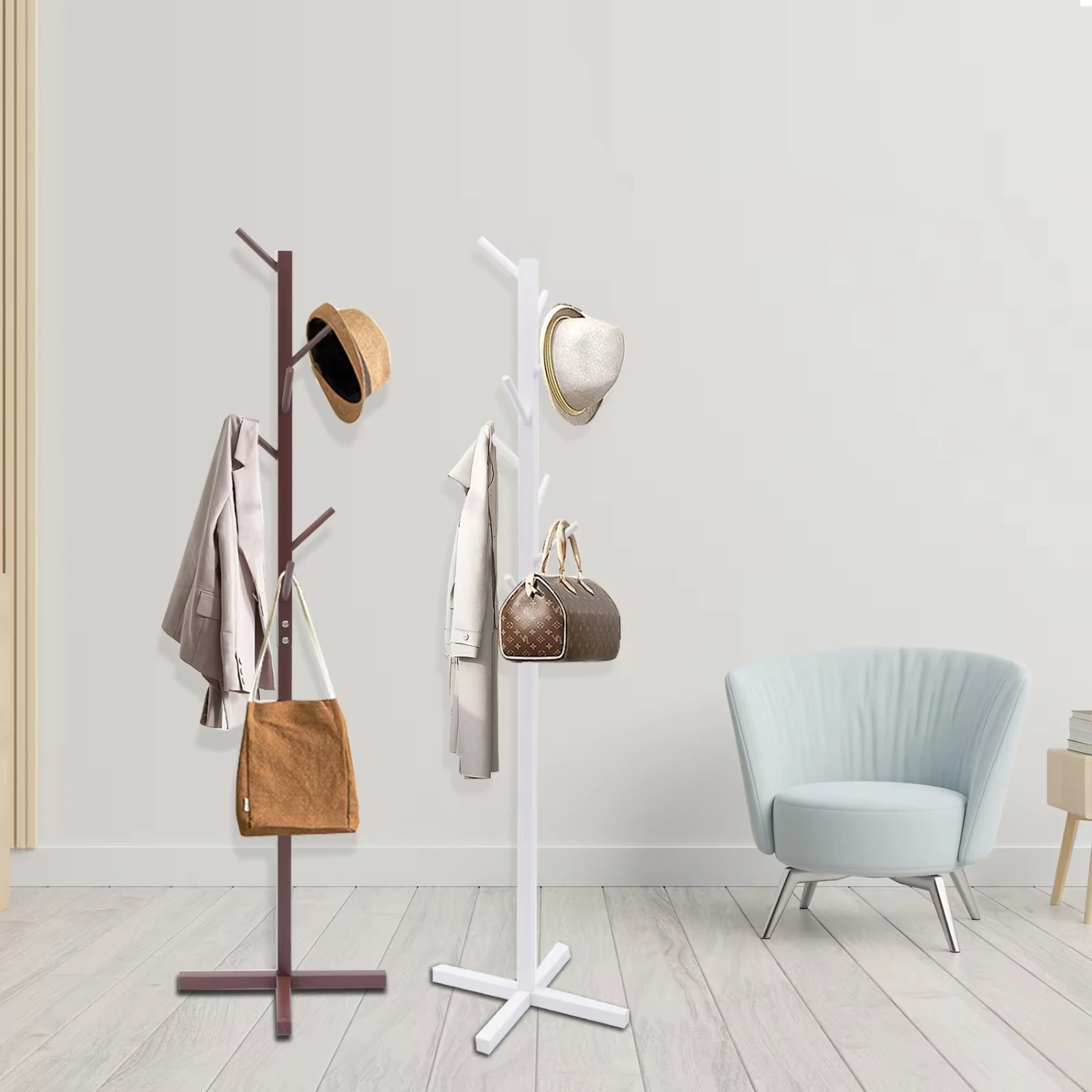 Wooden Coat Rack W/ 8  Clothes Stand Freestanding Clothes Hanger Hat Coat Hanging Rack  Bedroom Office Hallway Entryway