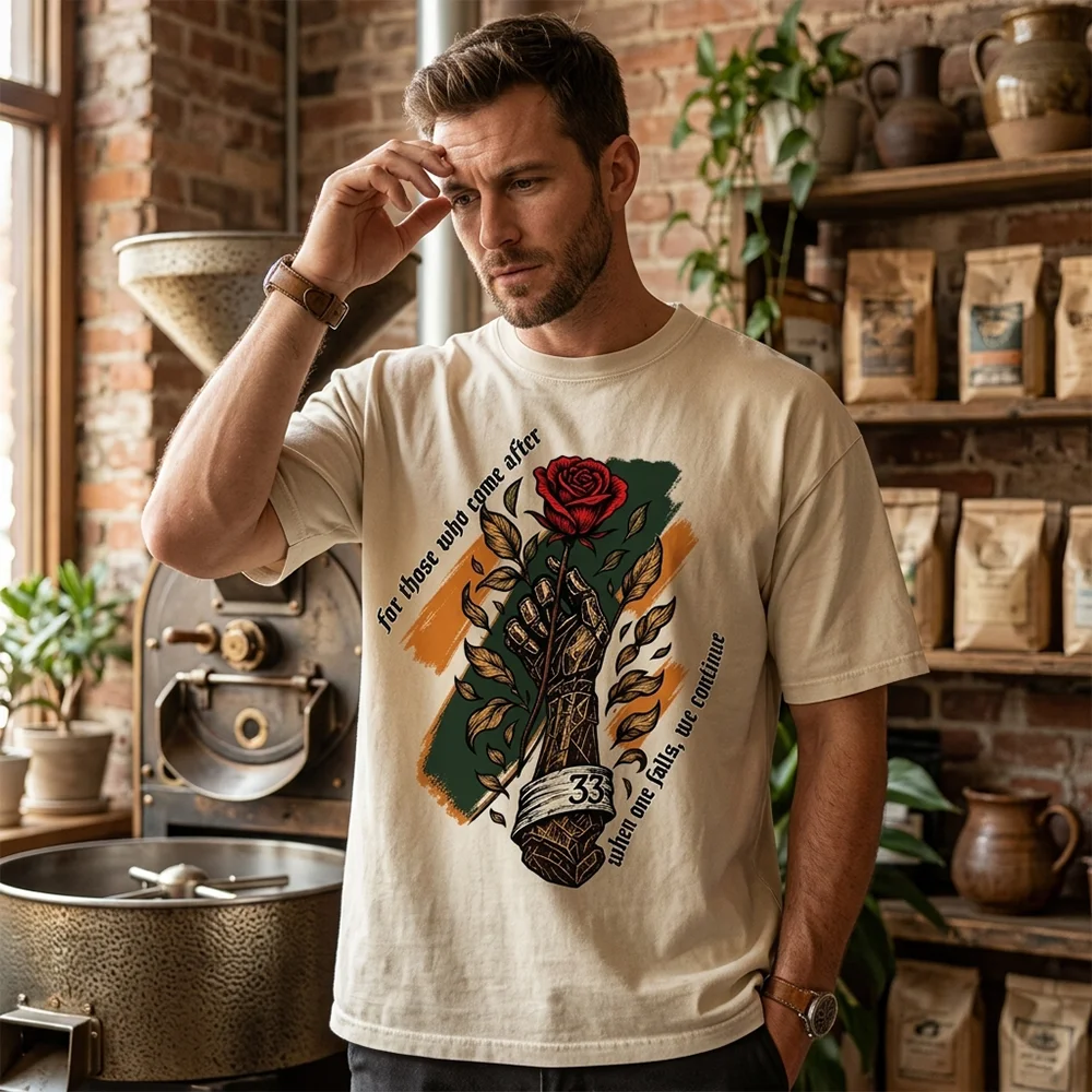 Men  Rose Flower Graphic T Shirt Vintage Skeleton Hand Letter Printed Short Sleeve Casual  Loose Cotton Tops