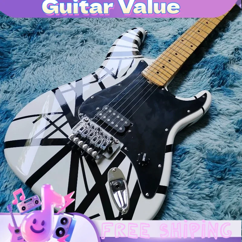 Single Tremolo Electric Guitar White Background Black Diagonal Maple Wood Fingerboard Fixed Six Nail Bridge Black Guard Plate