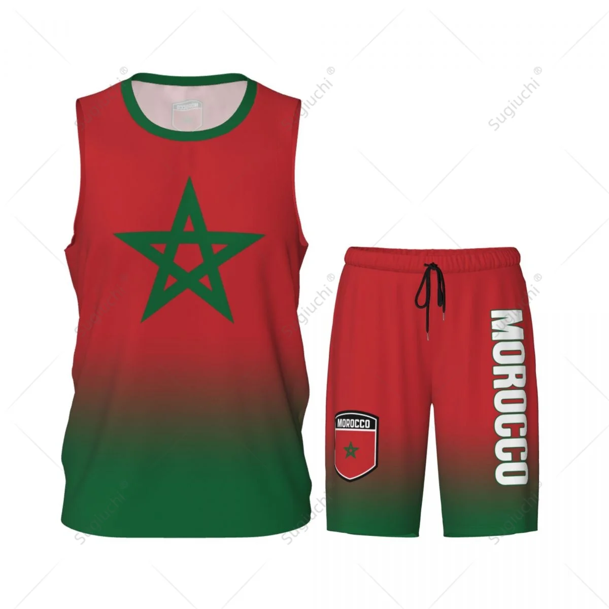 Men Morocco Flag Basketball Jersey Set Mesh Shirt & Pants Sleeveless Exclusive Team-up Custom Name Nunber Unisex