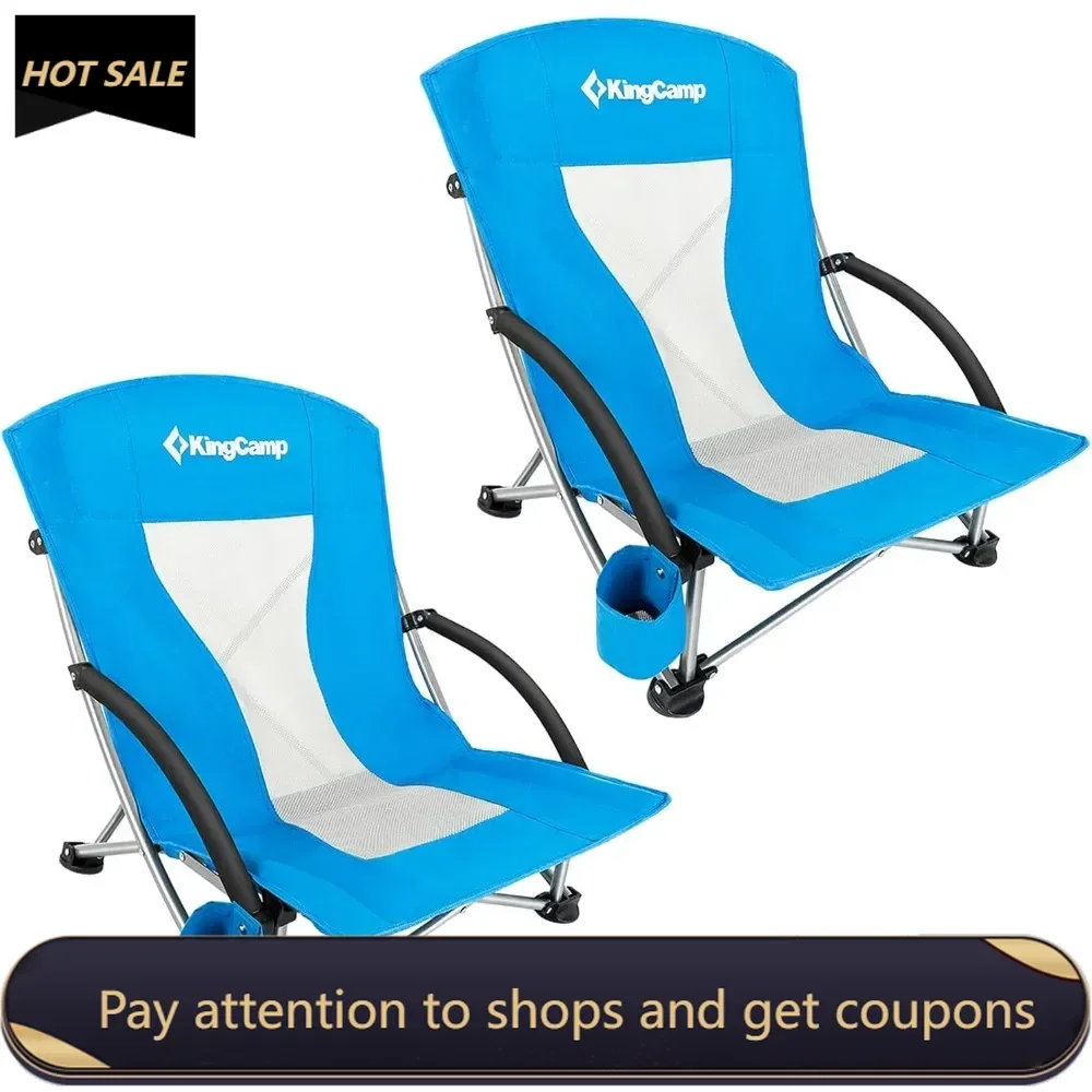 

Low Folding Beach Chairs for Adults,Portable Lightweight Lowback Sling Chair with Headrest，Cup Holder,Carry Bag Armrest