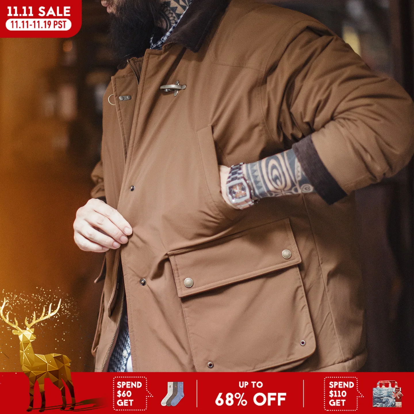 

Maden Vintage Men's Safari Cotton Jacket Warm Padded Hunting Jacket Corduroy Collar Barn Coat Windbreaker for Autumn Winter