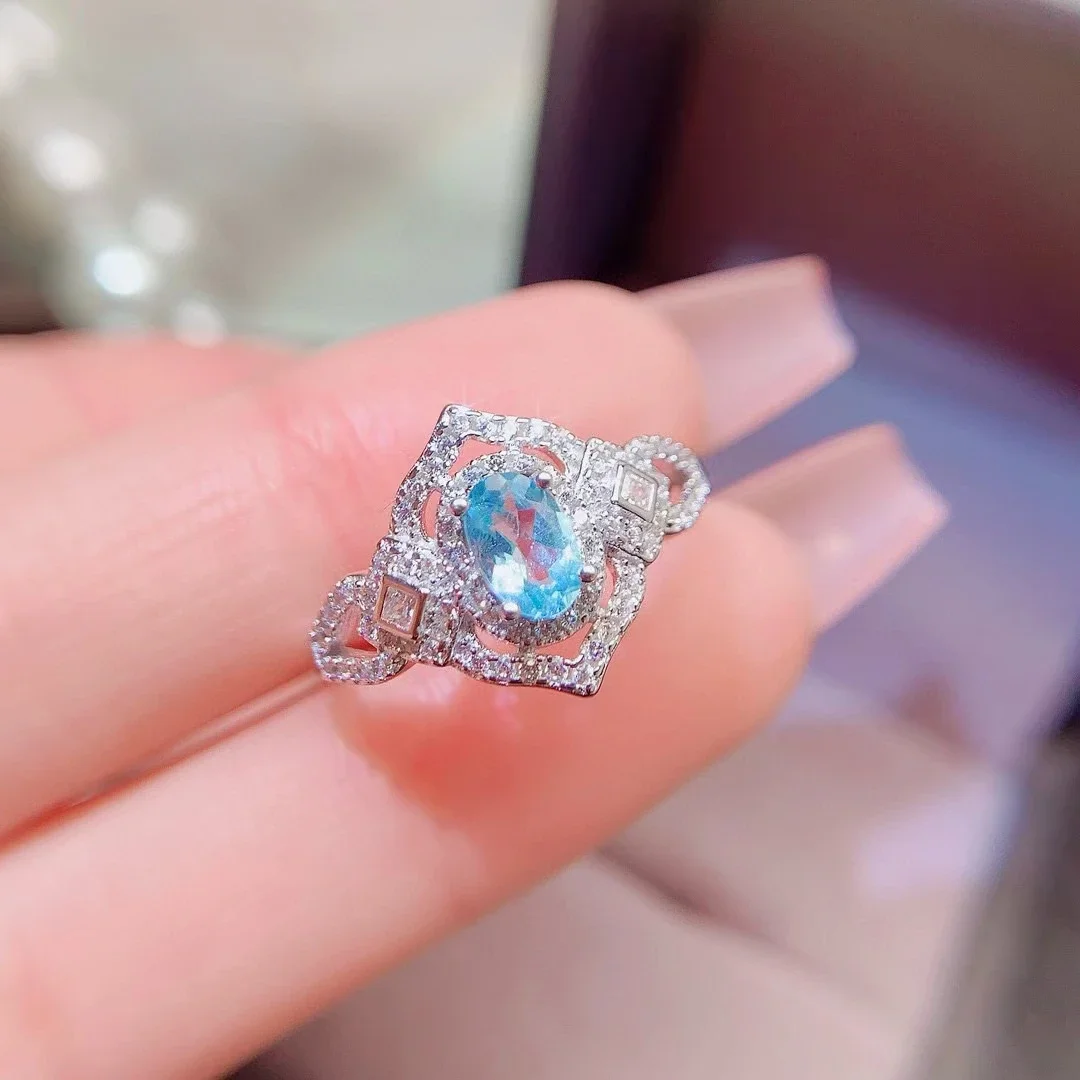 Antique Look 925 Silver Apatite Ring 4*6mm 0.5ct Natural Apatite Jewelry Gold Plated Crystal Jewelry Birthday Day Gift for Women