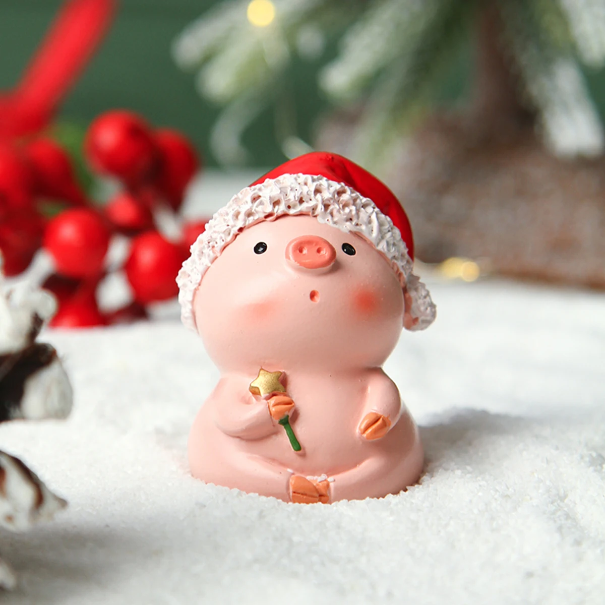 قطعة واحدة، عصا سحرية وردية لزينة عيد الميلاد على شكل خنزير صغير مع قبعة سانتا الحبيبة #5