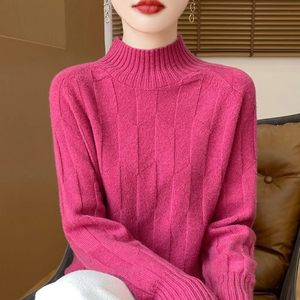 

Женский трикотаж из 100% шерсти, полуводолазка свободного покроя, толстая спереди и сзади, осенне-зимняя модная верхняя одежда