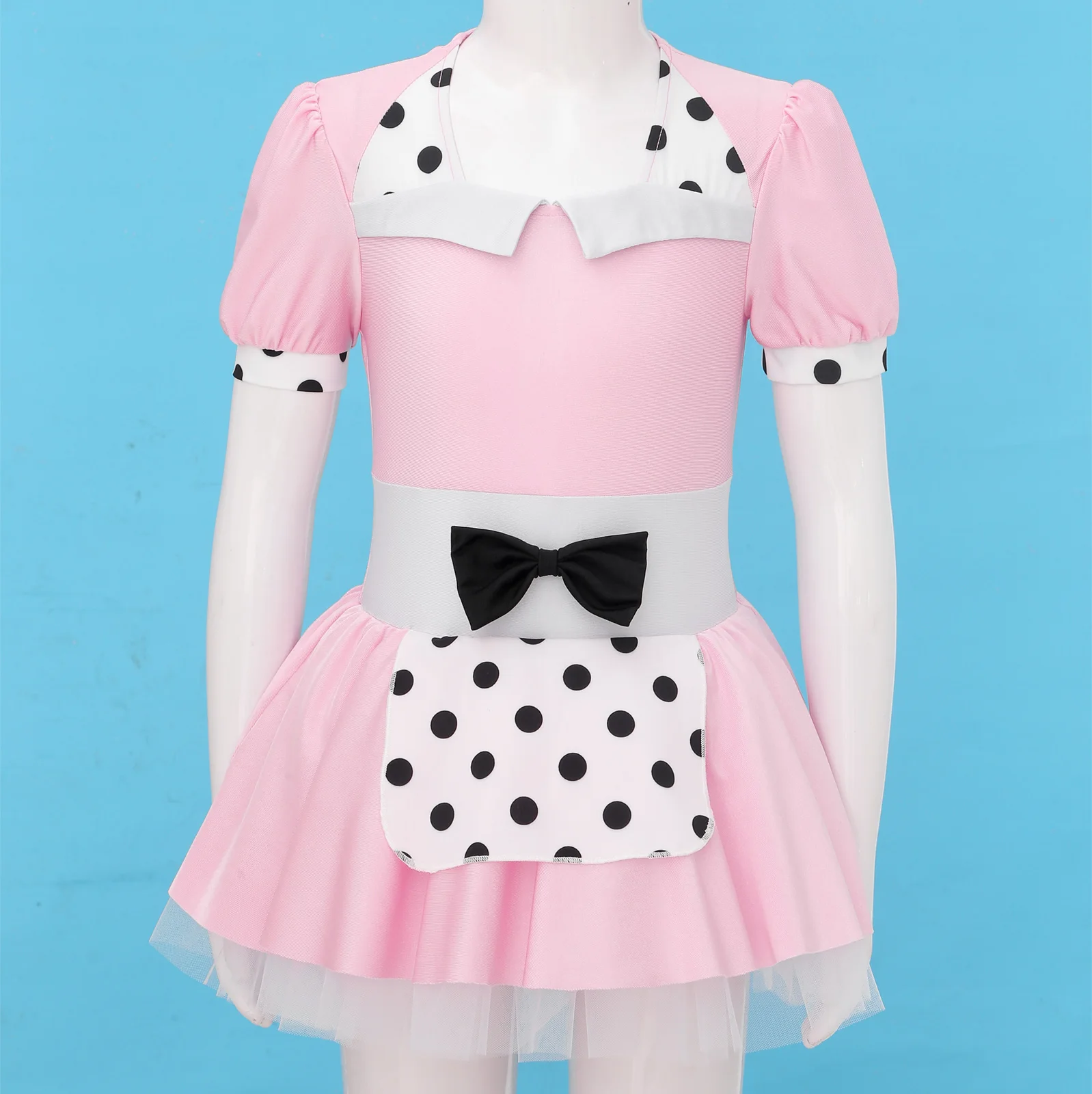 Kids Girls Maid Cosplay Dress Short Sleeve Polka Dots Print Bowknot Decor Mesh Dance Tutu Halloween Party Role Play Costume