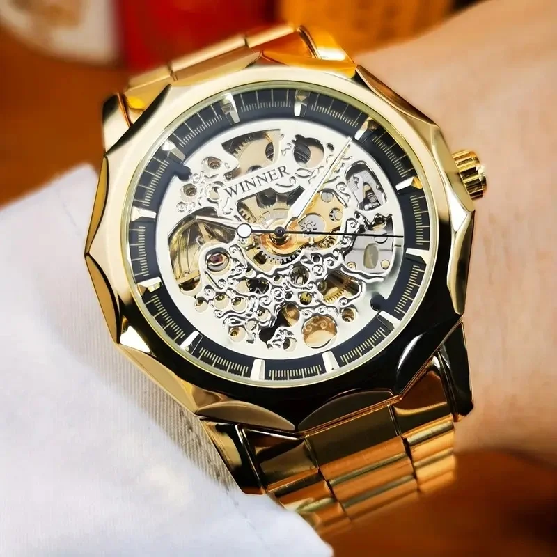 

Новые высококачественные мужские часы, модные и роскошные автоматические механические часы с золотым черепом, светящиеся стрелки, нестандартный корпус, ремешок из нержавеющей стали, деловой повседневный стиль, королевские мужские часы, подарок на годовщин