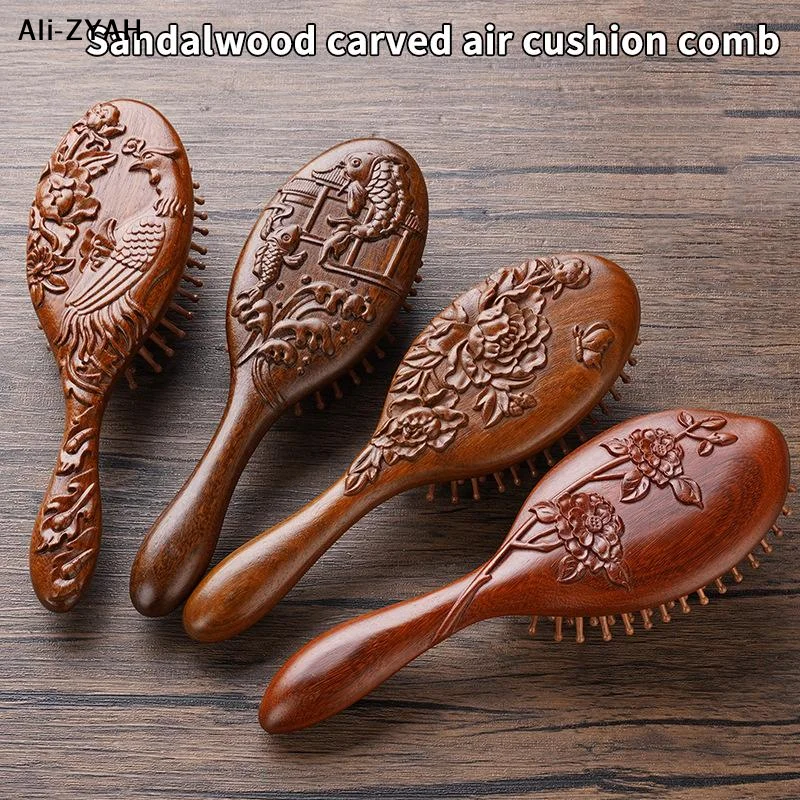 【A1m】Hand Carved Sandalwood Comb Oval Shape Wooden Air Cushion Comb Styling Brush Fine-Toothed Scalp Massage Brush