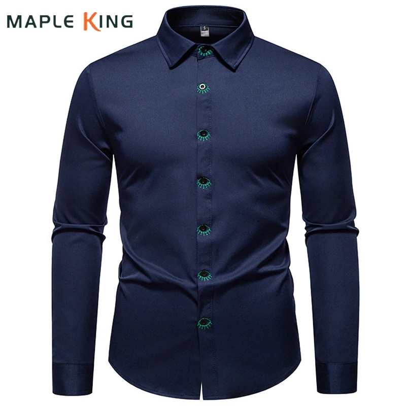 

Luxury God Eye Embroidery Designer Shirts for Men Chemises Hommes Marque Vintage Solid Color Social Formal Dress Man Streetwear