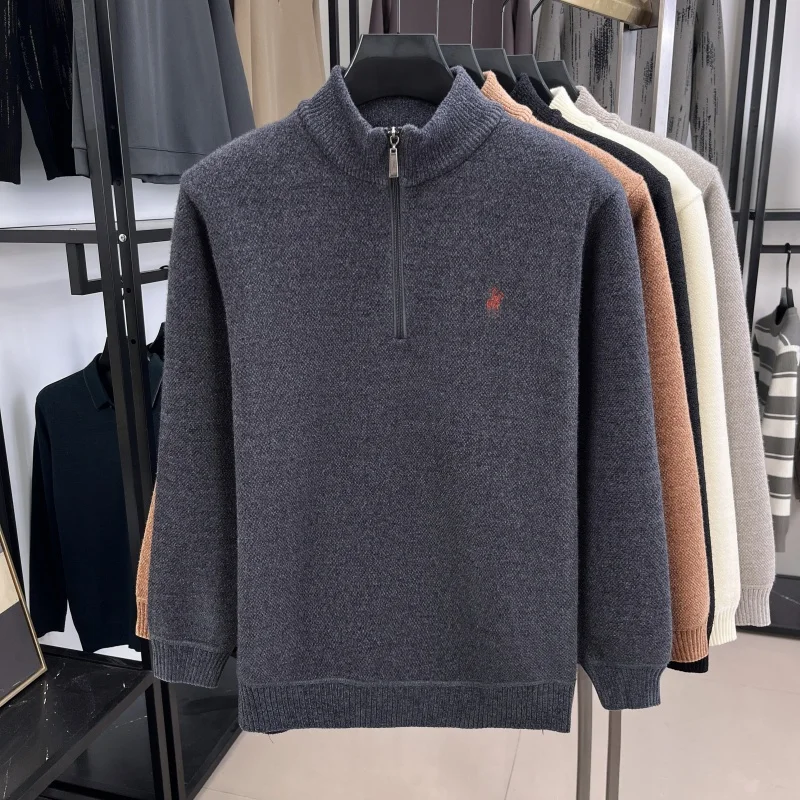 Luxuriöser Herren-Langarm-Strickpullover mit halbem Reißverschluss, Pferde-Stickerei, Stehkragen, Winter-Neuheit, Warmer, Stilvoller, Verdickter Herrenpullover – Detail 7