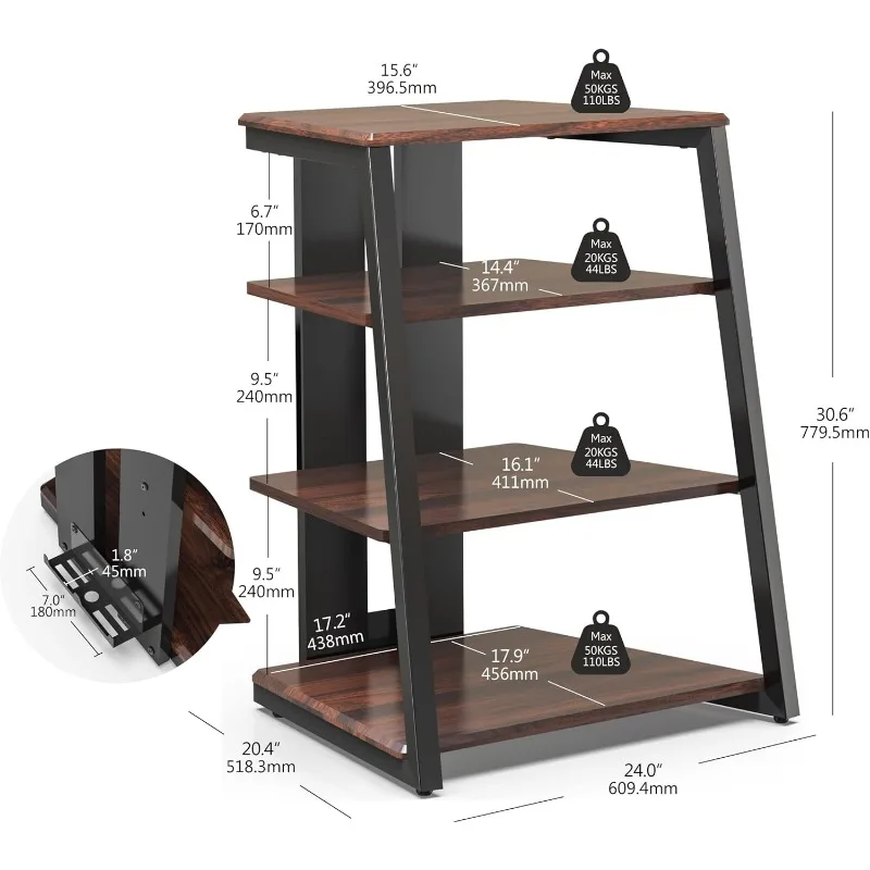 Design 4-Tier AV Media Stand Corner Shelf for Record Player Wooden Stereo Cabinet Audio Rack Tower with Height Adjustable