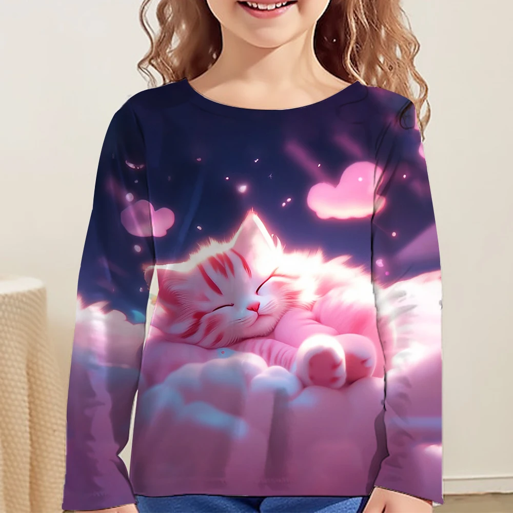 Одежда для девочек, рубашка с изображением кошек, футболка с длинным рукавом, футболки для девочек с графическим рисунком, топы, детская одежда, модная летняя одежда для девочек с принтом