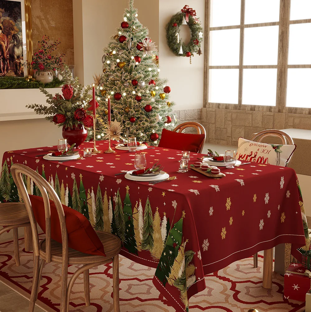 Yjq tablecloth waterproof light luxury atmosphere snowflake pine printing table mat New Year's table cloth