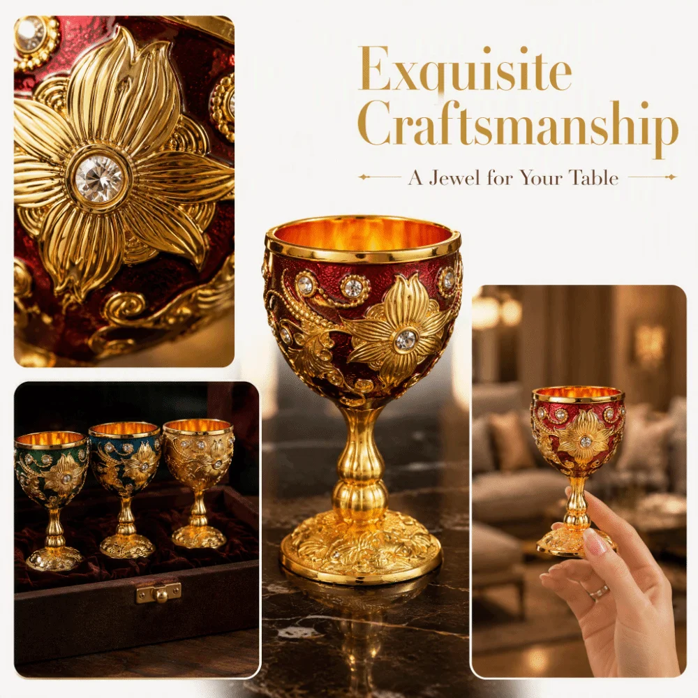 Flower Embossed Metal Chalice Goblet Rhinestone European Style Vintage Wine Cup Medieval Decorative Vodka Champagne Liqueur Cup