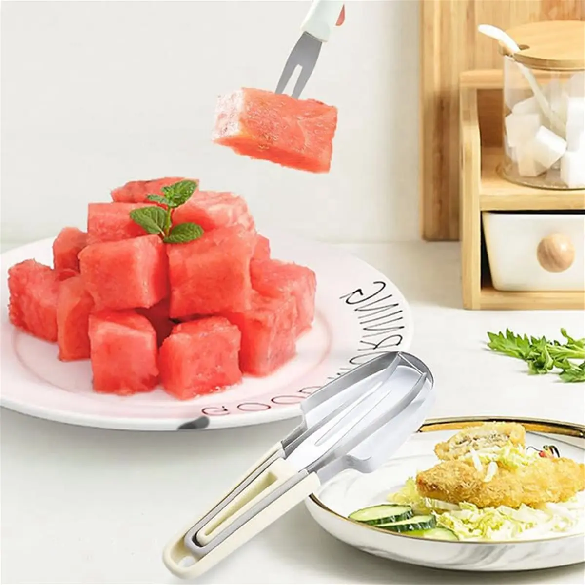 3in1Watermelon Cutter Slicer Tool, Stainless Steel Water Melon Fork Fruit Cutter KitchenGadget