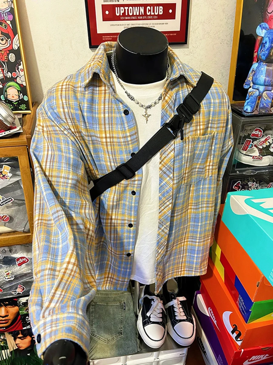 

Мужская рубашка в американском ретро-стиле в клетку, с длинным рукавом, винтажная, премиум-класса, для весеннего сезона, модная