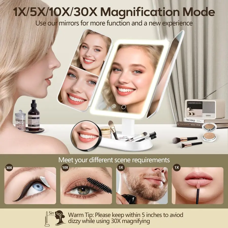 Mirror with Lights, Lighted Makeup Mirror with 30X 10X 5X Magnification, Rechargeable Trifold Mirror with 3 Color amp Adjustable