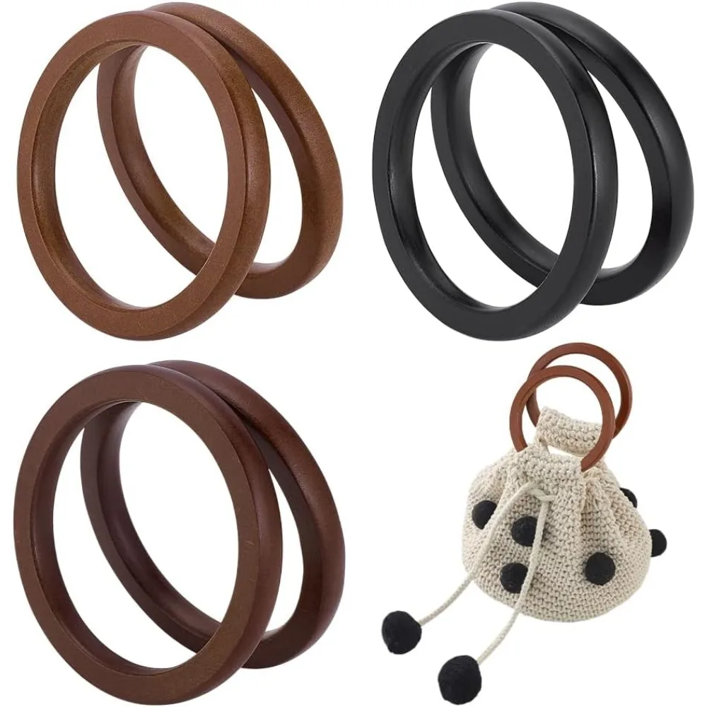 

6pcs Wooden Flat Round Bag Handles 3 Colors Decorative Purse Handles 4.5 inch Ring Handbag Purse Handle Replacement for DIY