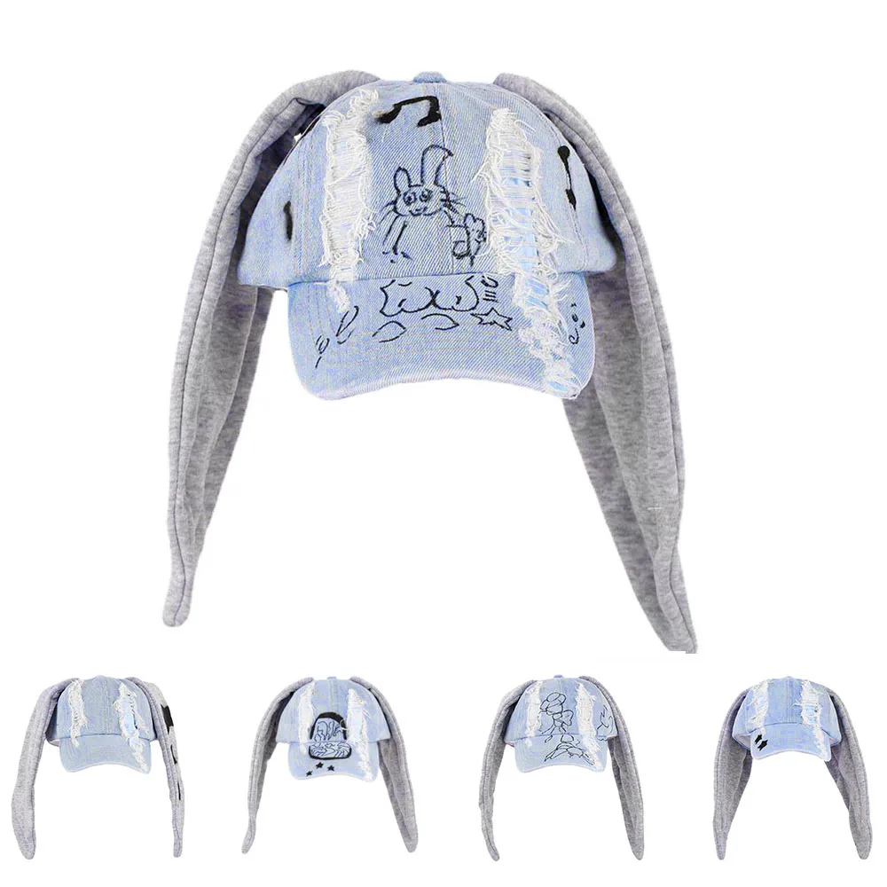 2026 New Long Rabbit Ear Hat Y2K Style Denim Blue Baseball Cap Fashion Hip-Pop Cap Couple Birthday Gifts