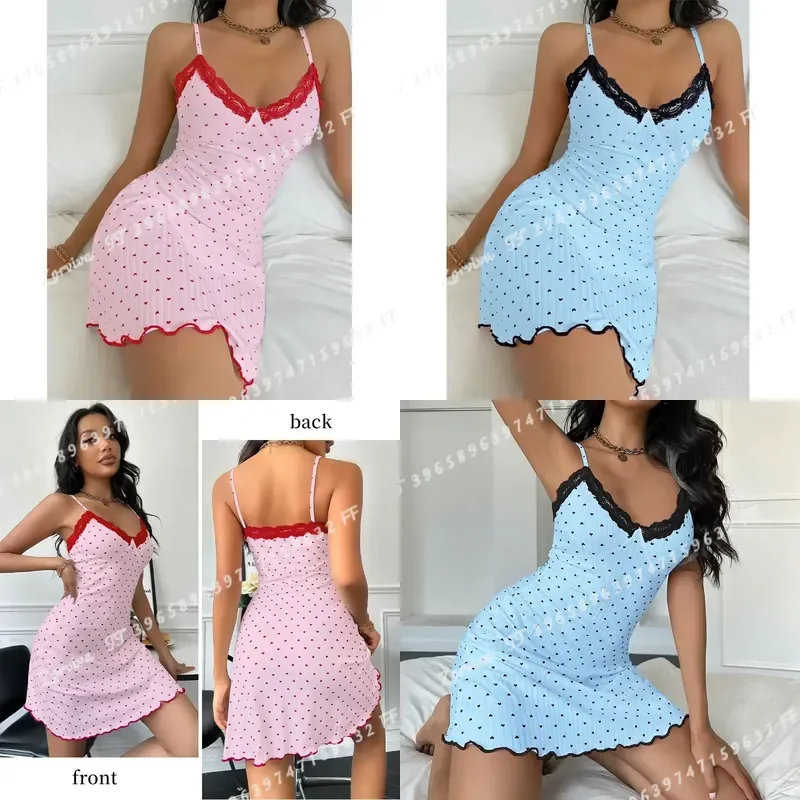 Women's Sexy Lace V Neck Camisole Nightdress Sleeveless Slim Fit Summer Pajamas with Love Pattern Loungewear