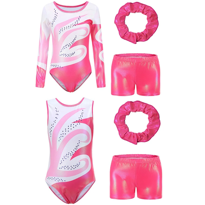 

3PCS Kids Ballet Leotard With Shorts And Headband Rhinestone Decor Bodysuit Sleeveless / Long Sleeve Gymnastics Dancewear 5-12Y